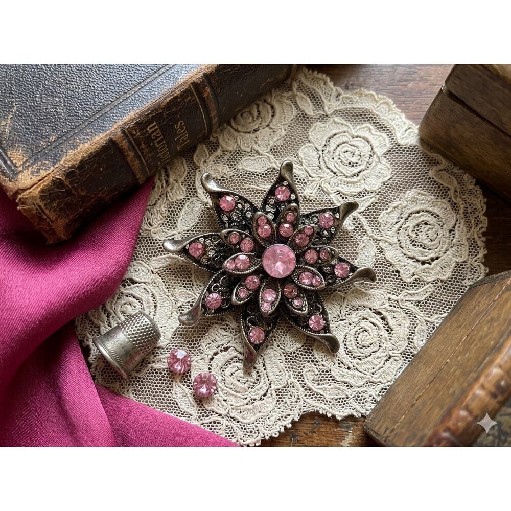 Vintage Victorian Revival Pink Rhinestone Flower Brooch